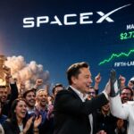 Elon Musk with SpaceX rocket and rising stock chart