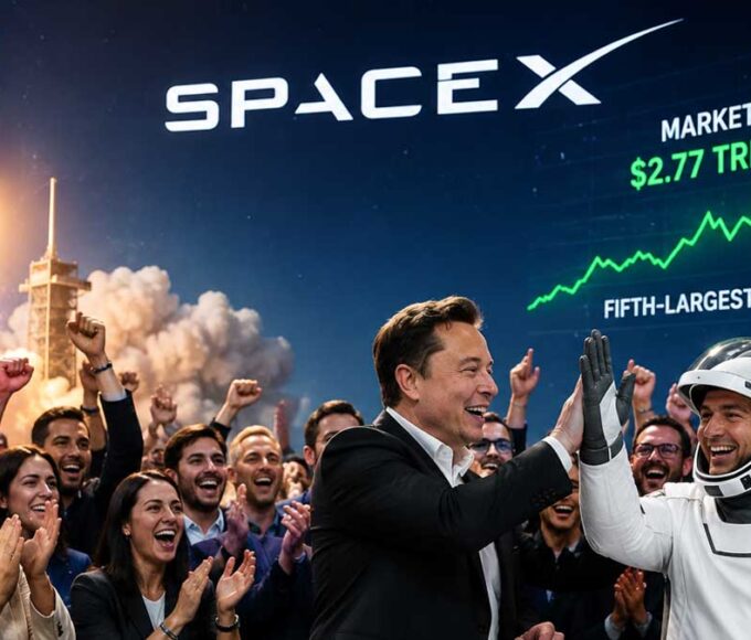 Elon Musk with SpaceX rocket and rising stock chart