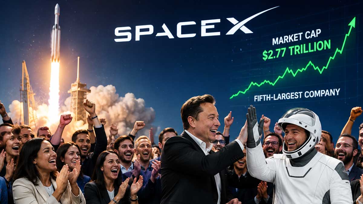 Elon Musk with SpaceX rocket and rising stock chart