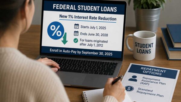 Student reviewing federal loan repayment documents on laptop