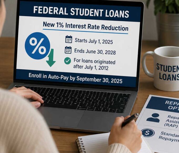 Student reviewing federal loan repayment documents on laptop