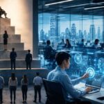 Professional using AI tools in a modern corporate office