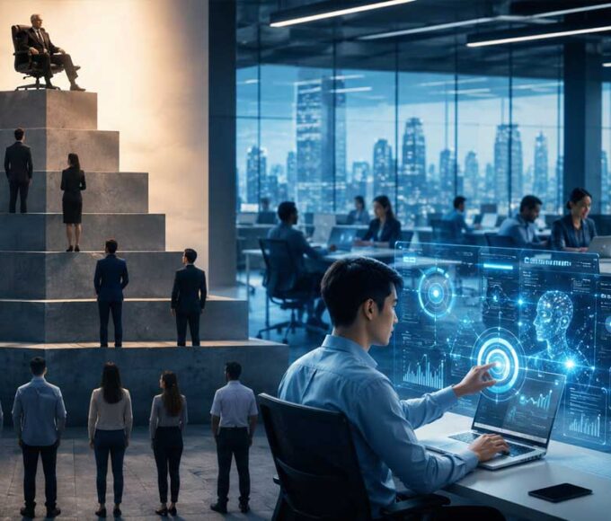 Professional using AI tools in a modern corporate office