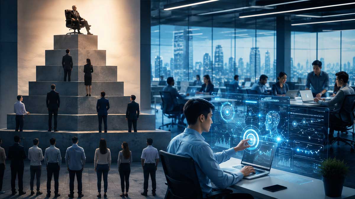 Professional using AI tools in a modern corporate office