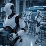 Humanoid robots working in industrial facility