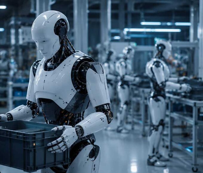 Humanoid robots working in industrial facility