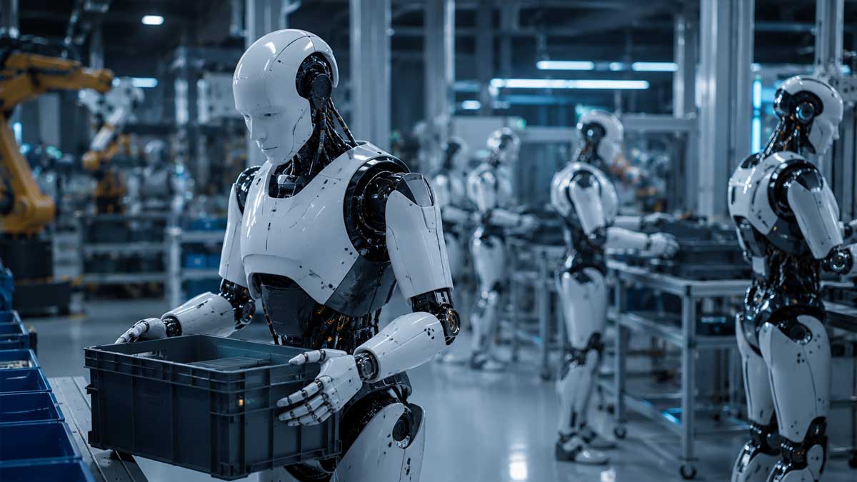 Humanoid robots working in industrial facility
