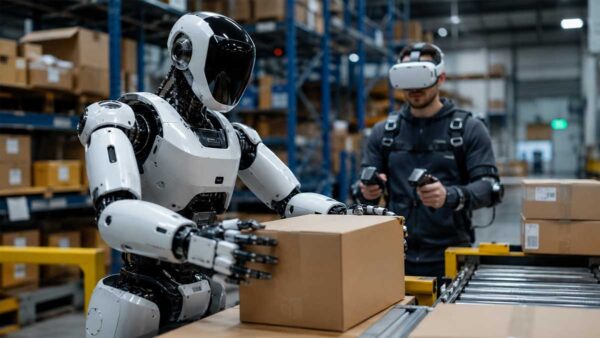 Humanoid robot training in a warehouse environment
