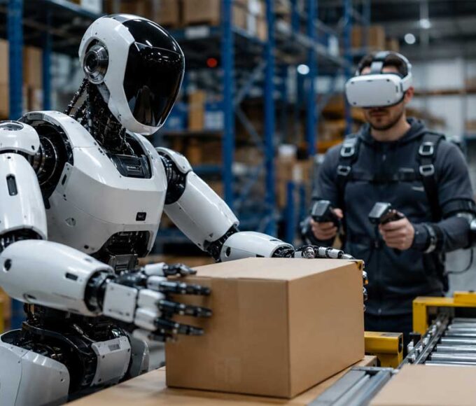 Humanoid robot training in a warehouse environment