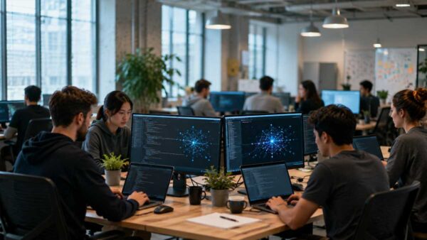 AI startup team working in modern office
