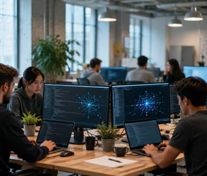 AI startup team working in modern office