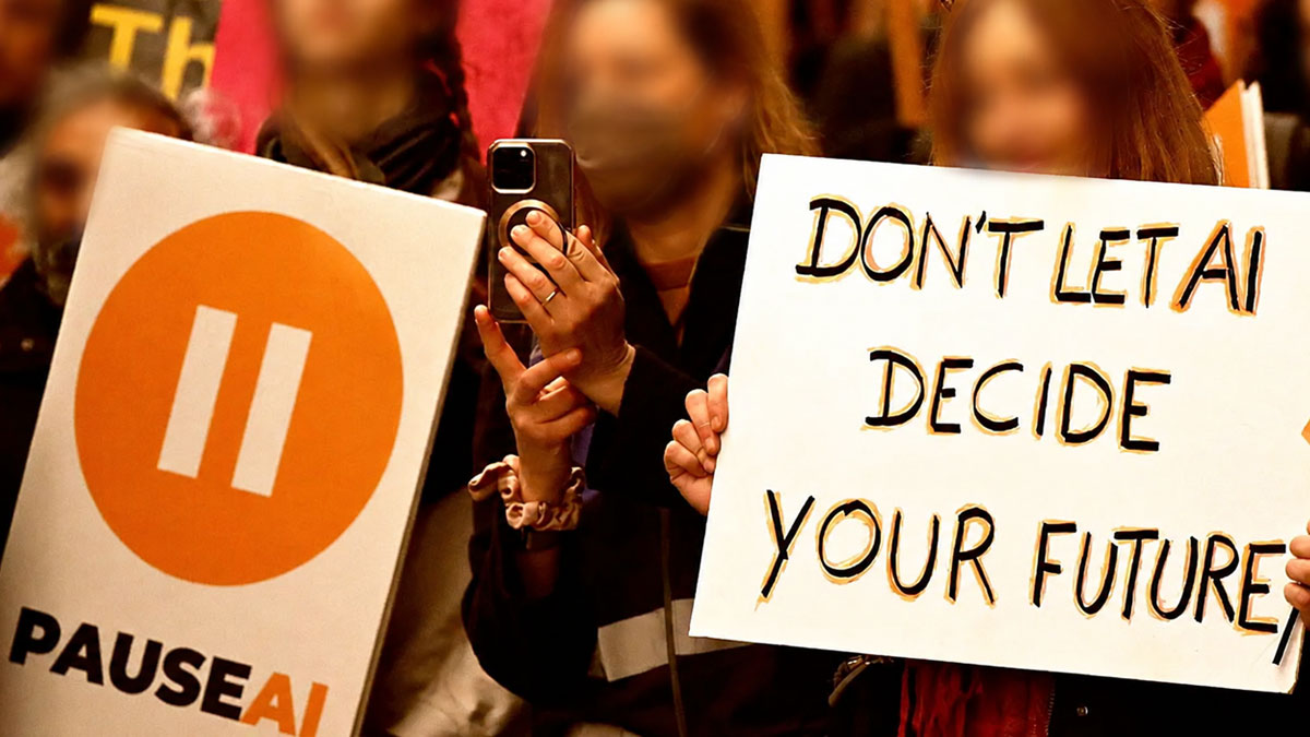 Young people protesting concerns about AI