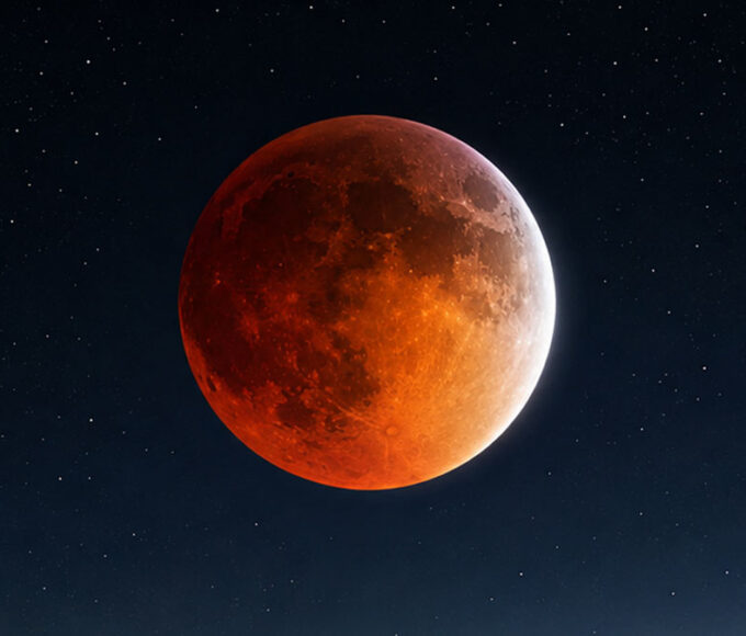 96% partial blood moon over mountains at night