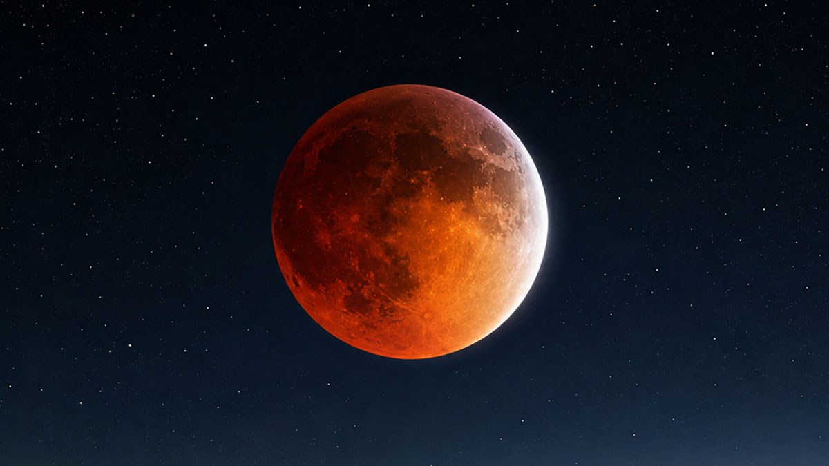 96% partial blood moon over mountains at night